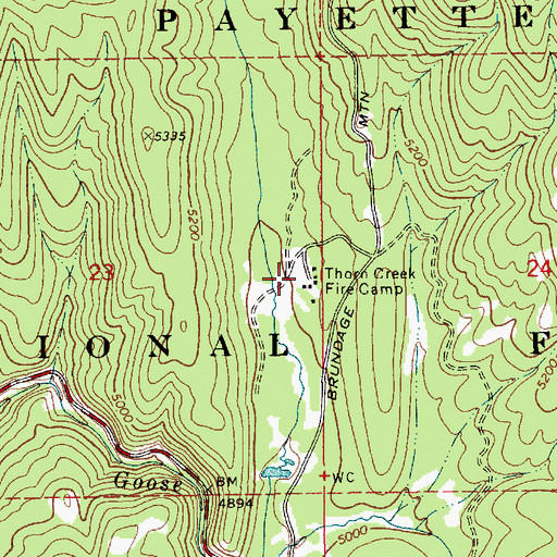 Topographic Map of Thorn Creek Fire Camp, ID