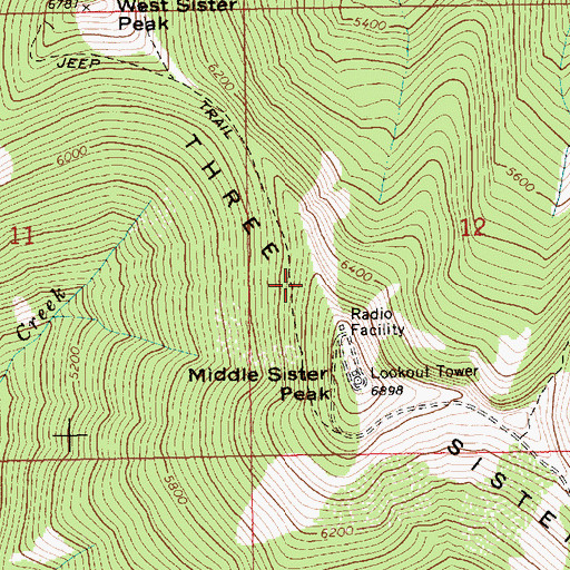 Topographic Map of Three Sisters, ID