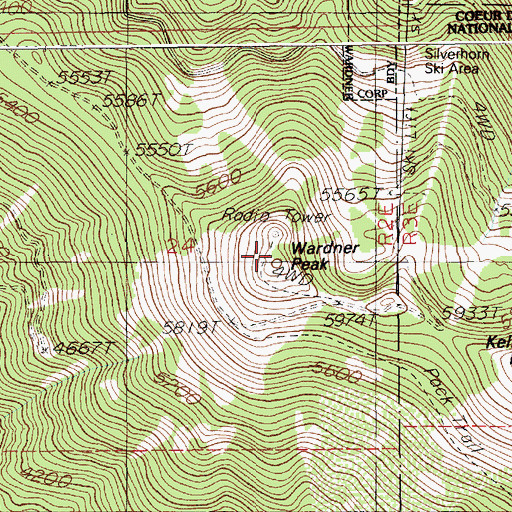 Topographic Map of Wardner Peak, ID
