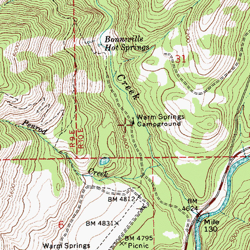 Topographic Map of Warm Springs Campground, ID