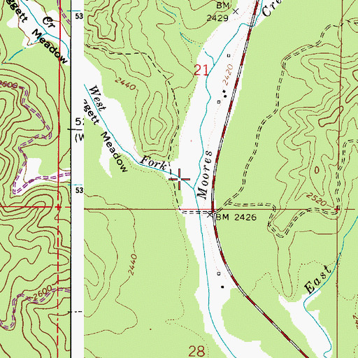 Topographic Map of West Fork Moores Creek, ID