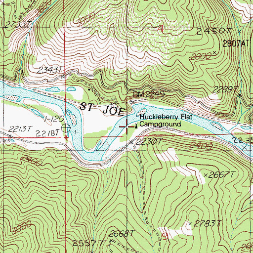 Topographic Map of Huckleberry Flat Campground, ID