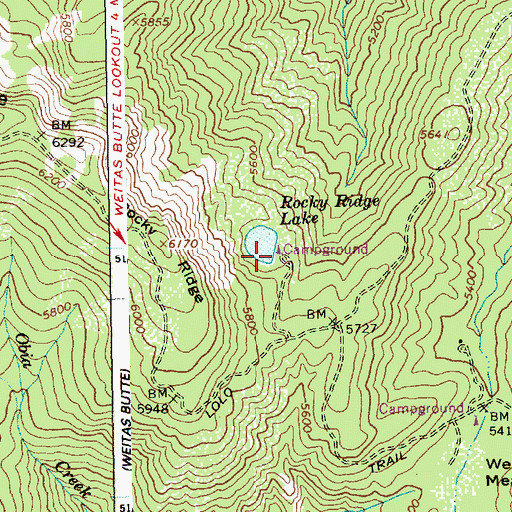 Topographic Map of Rocky Ridge Lake Campground, ID