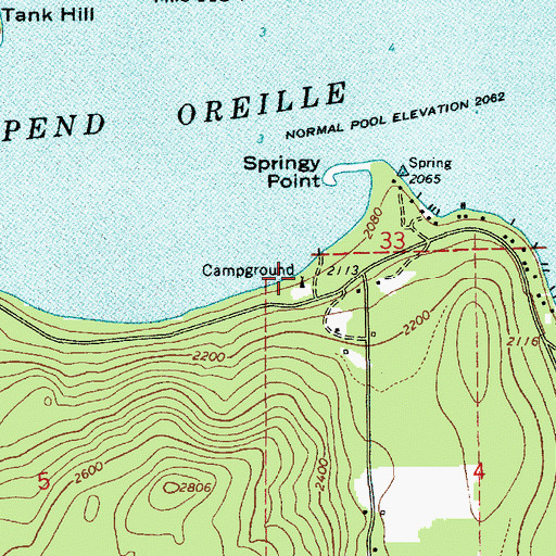 Topographic Map of Springy Point Campground, ID
