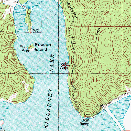 Topographic Map of Killarney Lake Picnic Area, ID