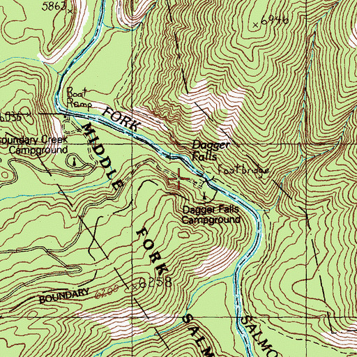 Topographic Map of Dagger Falls Recreation Site, ID