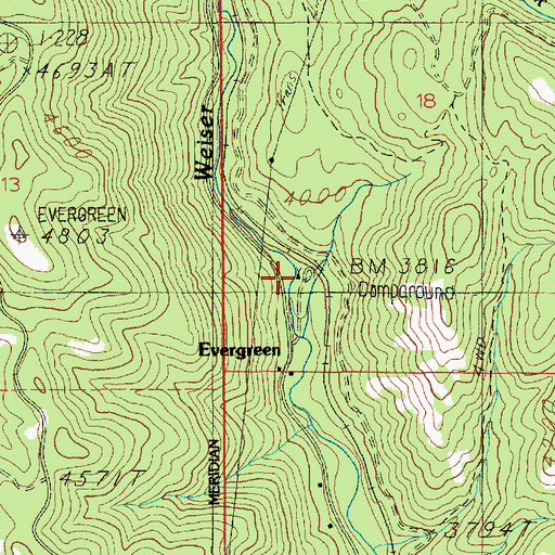 Topographic Map of Evergreen Campground, ID