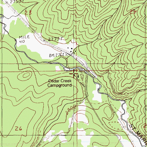 Topographic Map of Cedar Creek Campground, ID