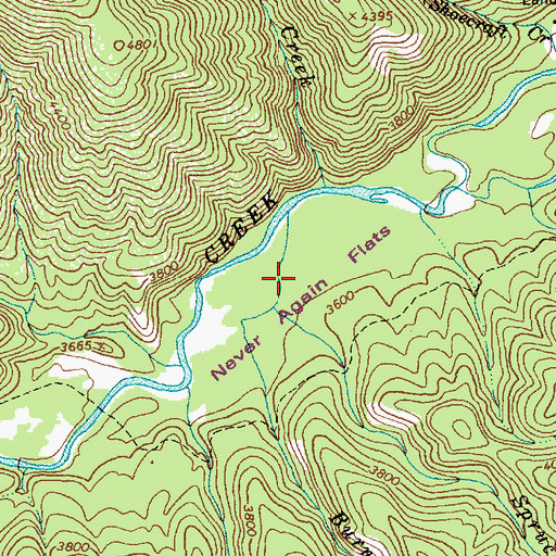 Topographic Map of Never Again Flats, ID