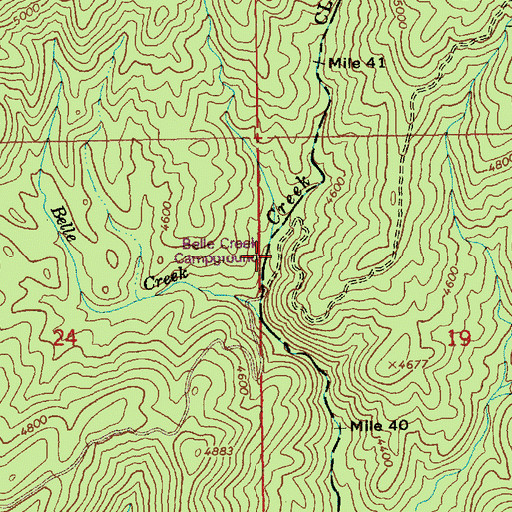 Topographic Map of Belle Creek Campground, ID