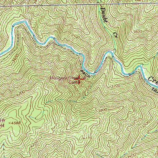 Topographic Map of Hungery Creek Camp, ID