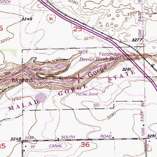 Topographic Map of Malad Gorge State Park, ID