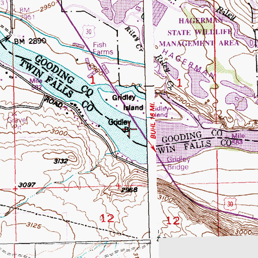 Topographic Map of Gridley Bridge, ID