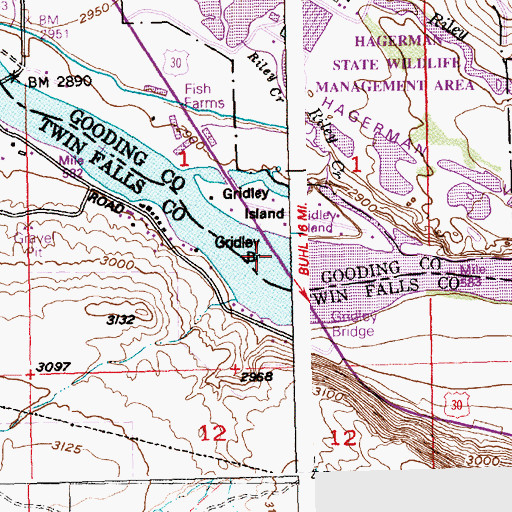 Topographic Map of Gridley Bridge, ID