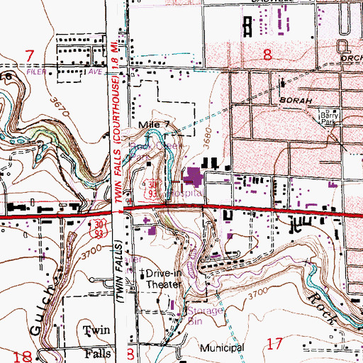 Topographic Map of Magic Valley Memorial Hospital, ID