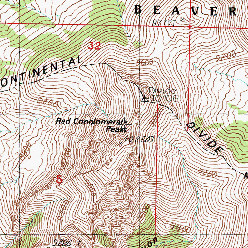 Topographic Map of Red Conglomerate Peaks, ID
