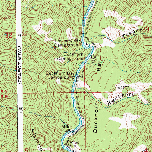 Topographic Map of Buckhorn Bar Campground, ID