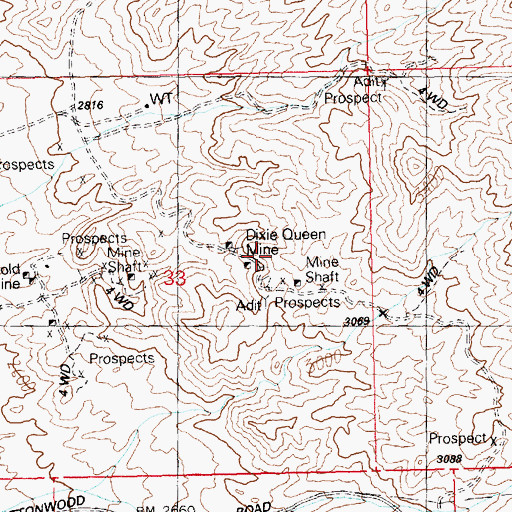 Topographic Map of Dixie Queen Mine, AZ