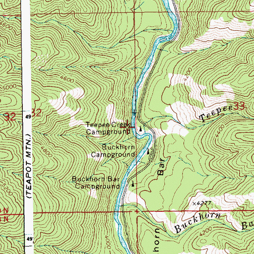 Topographic Map of Teepee Creek Campground, ID