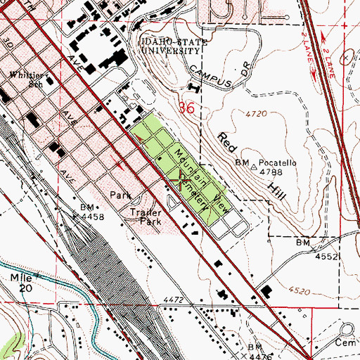 Topographic Map of Mountain View Cemetery, ID