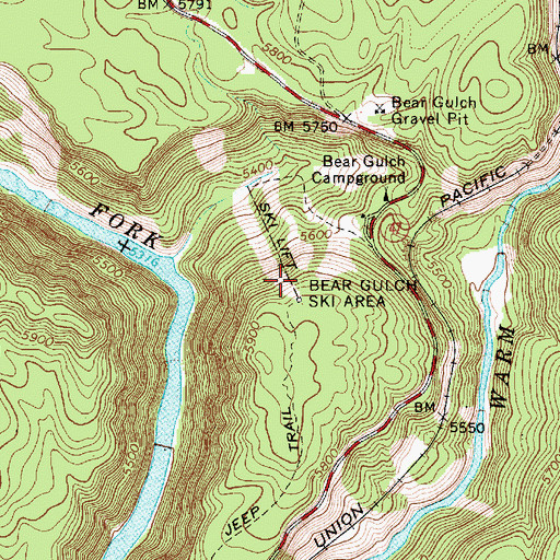Topographic Map of Bear Gulch Ski Area, ID