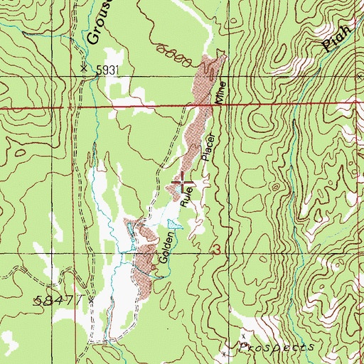 Topographic Map of Golden Rule Placer Mine, ID