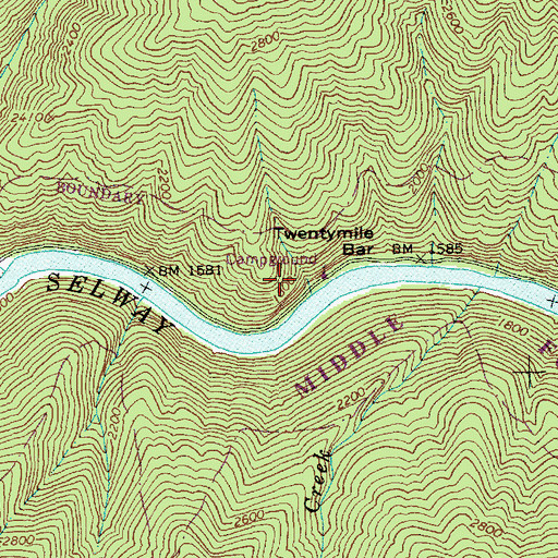 Topographic Map of Twentymile Bar Campground, ID