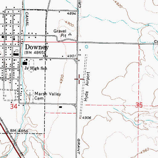Topographic Map of Downey/Hyde Memorial Airport, ID