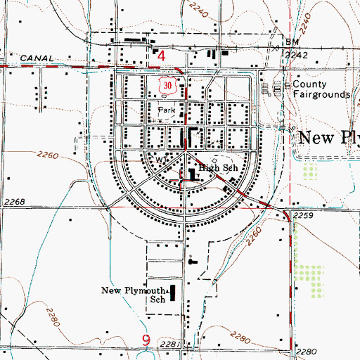 Topographic Map of New Plymouth High School, ID