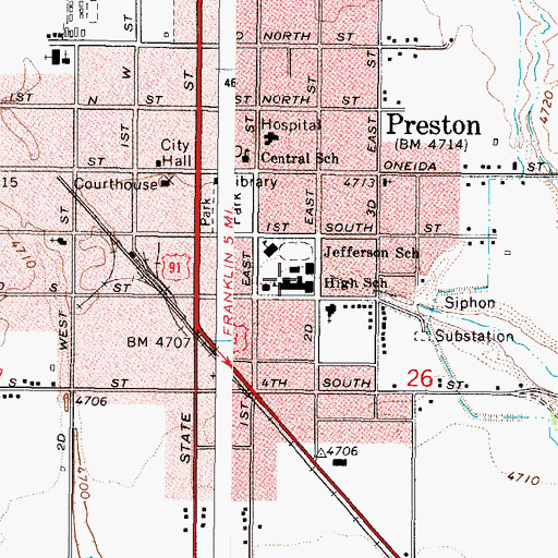 Topographic Map of Preston High School, ID