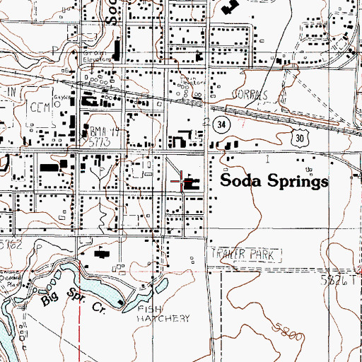 Topographic Map of Soda Springs Junior High School, ID