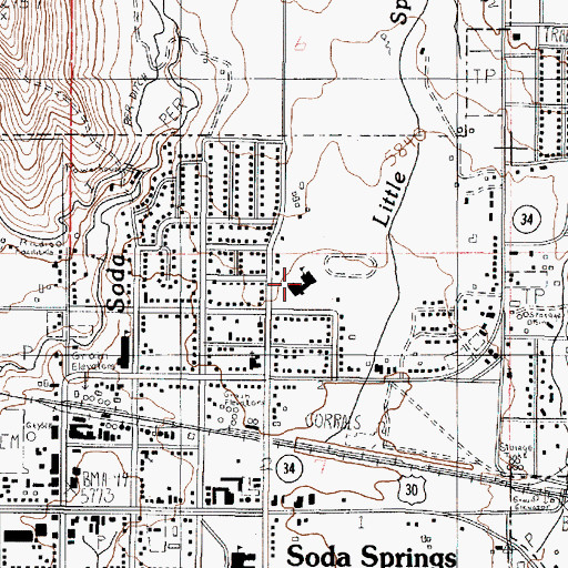 Topographic Map of Soda Springs High School, ID