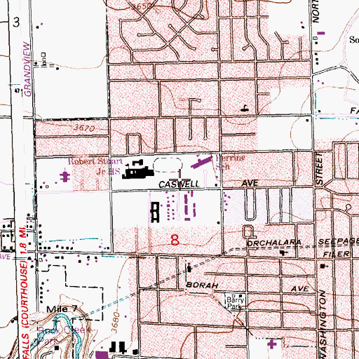 Topographic Map of I B Perrine Elementary School, ID