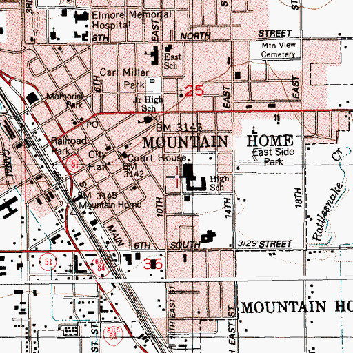 Topographic Map of Mountain Home Senior High School, ID