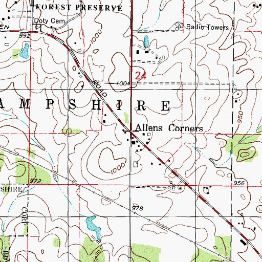 Topographic Map of Allens Corners, IL