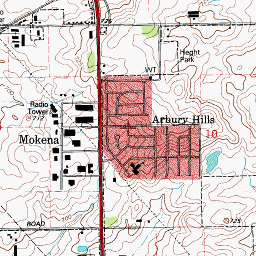 Topographic Map of Arbury Hills, IL