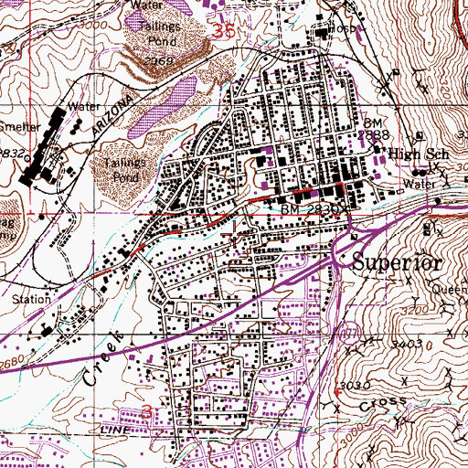 Topographic Map of Magma Tailings Dam Numbers One and Two, AZ