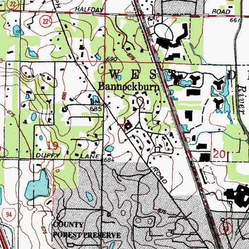 Topographic Map of Bannockburn School, IL