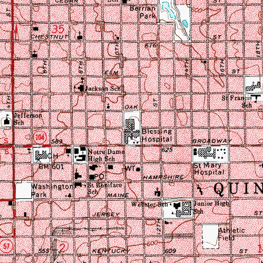 Topographic Map of Blessing Hospital at 11th Street, IL