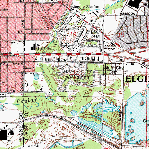 Topographic Map of Bluff City Cemetery, IL