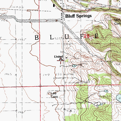 Topographic Map of Bluff Springs School (historical), IL