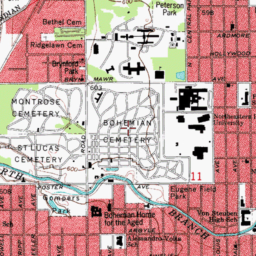 Topographic Map of Bohemian National Cemetery of Chicago, IL