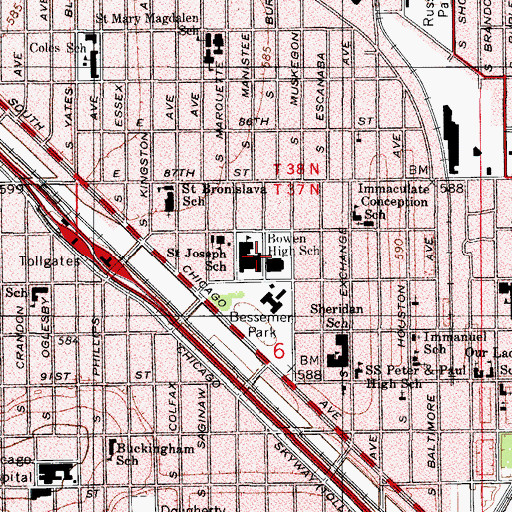 Topographic Map of Bowen High School, IL