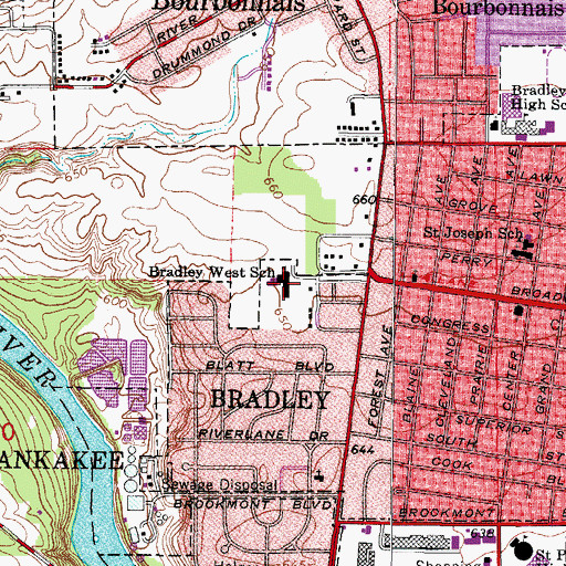 Topographic Map of Bradley West Elementary School, IL