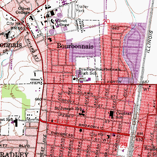 Topographic Map of Bradley-Bourbonnais High School, IL