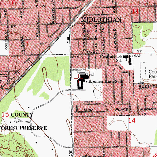 Topographic Map of Bremen High School, IL