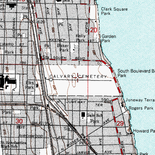 Topographic Map of Calvary Catholic Cemetery, IL