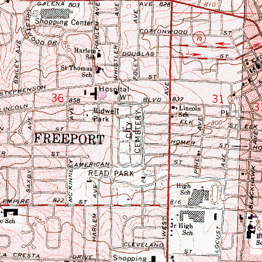 Topographic Map of Freeport City Cemetery, IL