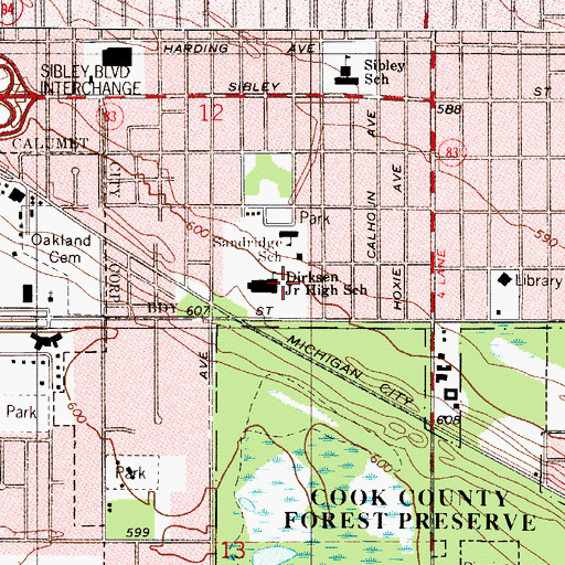 Topographic Map of Dirksen Middle School, IL