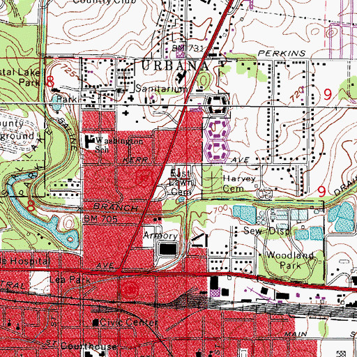 Topographic Map of East Lawn Cemetery, IL